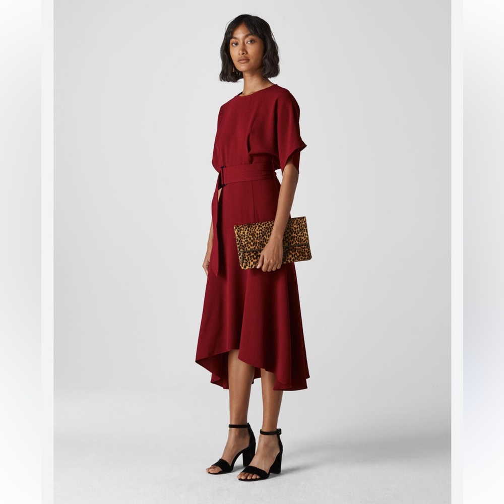 WHISTLES Burgundy Textured Belted Midi Dress